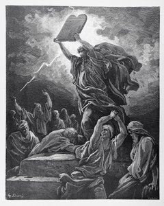Mojžíš lámající desky Zákona, rytina Hotelin, asi 1868 od Gustave Dore