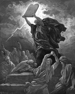 Mojžíš rozbíjí desky zákona, rytí. - Bible od Gustave Dore