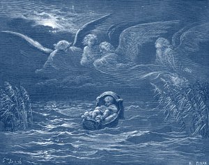 Mojžíš na řece Nilu, rytina Doré - Bible od Gustave Dore