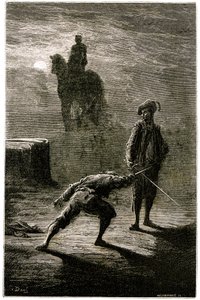 Noční souboj za svitu měsíce mezi baronem de Sigognac a Jacqueminem Lampourdem pod jezdeckou sochou bronzového krále. Rytina Gustava Doreho ilustrující román Theophila Gautiera "Le capitaine Fracasse", edice Charpentier 1863. od Gustave Dore
