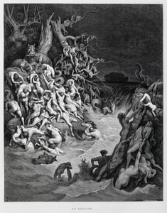 Noe a jeho archa prchají, když zemi zaplavuje velká potopa, Ilustrace z Doreho bible. od Gustave Dore