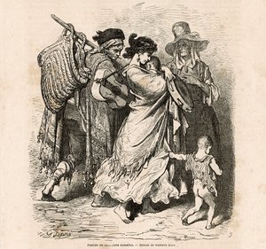 Nomádská rodina hudebníků (rytina) od Gustave Dore