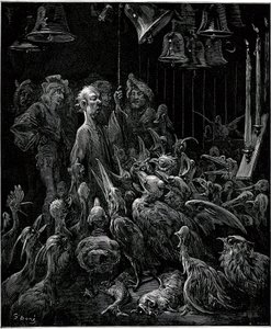 Na ostrově Sonnante Panurge rozeznívá ptáky - ilustrace Gustava Dora k soubornému dílu Francoise Rabelaise - Pátá kniha - Pantagruel od Gustave Dore