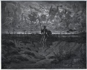 Na této cestě si náš zbrusu nový dobrodruh promluvil sám se sebou – z „Don Quijote de la Mancha“ od Miguela Cervantese od Gustave Dore