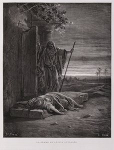 Rozhořčení v Gibeji, levita odnáší svou mrtvou konkubínu, Ilustrace z Doreho bible od Gustave Dore