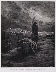 Rozhořčení v Gibeji, levita odnáší svou mrtvou konkubínu, Ilustrace z Doreho bible od Gustave Dore