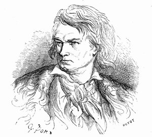 Beethovenův portrét od Gustava Doreho, kolem roku 1855, k ilustraci textu Hippolyta Taina: "Co je Beethoven "Ubohý velký muž, hluchý, zamilovaný, neznámý a filosof, jehož hudba je plná gigantických nebo bolestných snů". od Gustave Dore