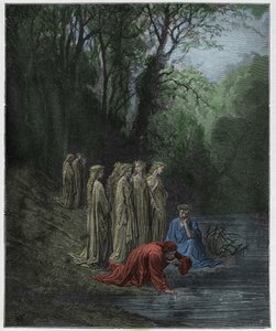 Purgatorio, Canto 33: Dante pije z řeky Eunoe, ilustrace z „Božské komedie“ od Dante Alighieriho, 1885 od Gustave Dore