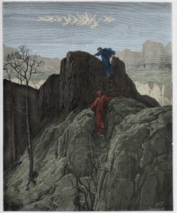 Purgatorio, Canto 4: Virgil vede Danteho po drsném úbočí hory, ilustrace z „Božské komedie“ od Dante Alighieriho, 1885 od Gustave Dore