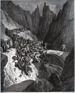 Recite des feats du chevalier Diego Garcia de Paredes - z „Don Quijote de la Mancha““ od Miguela Cervantese (1547-1616) (Don Quijote) - Dřevoryt podle kresby Gustava Dore od Gustave Dore
