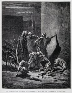 Pozůstatky královny Jezábel poté, co byla vyhozena z oken paláce, Ilustrace z Doreovy bible. od Gustave Dore