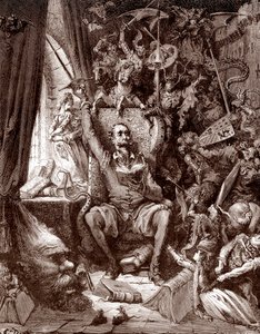 Zastoupení Dona Quijota v jeho knihovně obklopené bytostmi z jeho knih Rytina Gustava Dore (1832-1883) pro „L