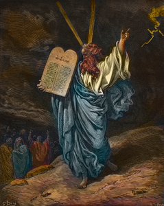 Znázornění Mojžíše s novými deskami zákona na hoře Sinaj - rytina Gustava Dore (1832-1883) - pozdější kolorování od Gustave Dore