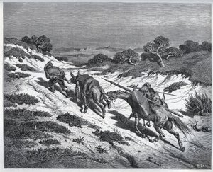 Sancho Panza, Don Quijote a jejich koně po porážce proti Yangers - z „“Don Quijote de la Mancha““ od Miguela Cervantese (1547-1616) (Don Quijote) - Dřevoryt podle kresby Gustava Dore od Gustave Dore