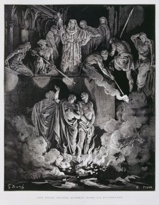 Šadrach, Mišach a Abednego v ohnivé peci, ilustrace z Doreovy bible od Gustave Dore