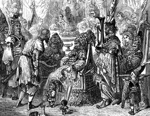 Sindibád námořník (Sindibád) - příběh tisíce a jedné (1001) noci - ilustrace Gustave Dore (detail) - Maxwellovo vydání 1865 - Prolog: chudý nosič (Hinbad) se představuje před Sindibádem, který zestárl a zbohatl. Ten mu řekne od Gustave Dore