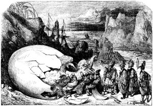 Sindibád námořník (Sindbad) - pohádka tisíce a jedné (1001) noci - ilustrace Gustave Dore - Maxwellovo vydání 1865 - Pátá plavba: kupci doprovázející Sindibáda rozbijí skořápku obrovského vejce ptačího obra Roca, aby z něj vylovili obrovské mládě. od Gustave Dore