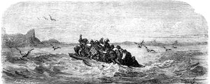 Sindibád námořník (Sindibád) - příběh tisíce a jedné (1001) noci - ilustrace Gustave Dore - vydání Maxwell 1865 - Třetí plavba: Sindibád a jeho společníci se plaví na voru od Gustave Dore