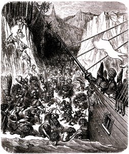 Sindibád námořník (Sindibád) - příběh tisíce a jedné (1001) noci - ilustrace Gustave Dore - Třetí plavba: bouře vrhne loď Sindibáda a jeho společníků na ostrov, kde je napadne množství malých a ohavných bytostí. od Gustave Dore