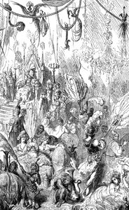 Sindibád námořník (Sindibád) - příběh tisíce a jedné (1001) noci - ilustrace Gustave Dore - Maxwellovo vydání 1865 - šestá plavba - tato rytina může představovat dvůr krále Serendibu nebo dvůr chalífy Harúna al-Rašída (Harún al-Rašíd). od Gustave Dore