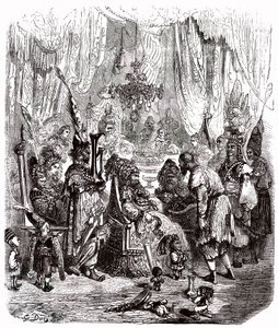 Sindibád námořník (Sindibád) - příběh tisíce a jedné (1001) noci - ilustrace Gustave Dore - Maxwellovo vydání 1865 - Prolog: chudý nosič (Hinbad) se představuje před Sindibádem, který zestárl a zbohatl. Ten mu vypráví své dobrodružství od Gustave Dore