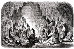 Sindibád námořník (Sindbad) - příběh tisíce a jedné (1001) noci - ilustrace Gustave Dore - Maxwellovo vydání 1865 - První plavba: Sindibád, opuštěný uprostřed moře svými společníky, dorazil na ostrov a v jeskyni se setkal s bledulí. od Gustave Dore