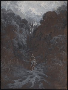 Sir Lancelot se blíží k hradu Astolat od Gustave Dore