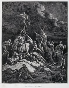 Mojžíš tedy vyrobil bronzového hada a pověsil ho na kůl. Numeri 21:7, ilustrace z Bible Doreho od Gustave Dore