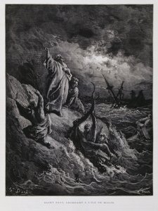 Přistání svatého Pavla na Maltě, ilustrace z Doreho bible od Gustave Dore