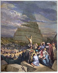 Babylonská věž - Babylonská věž ilustrace Genesis a jazykového zmatku od Yahve. Vpravo král Nimrud (nebo Nimrod, Nemrod) diskutuje s architekty - rytina v „The Bible illustree“ od Gustava Dore (1832-1883) - Rytina z „“ Čt od Gustave Dore
