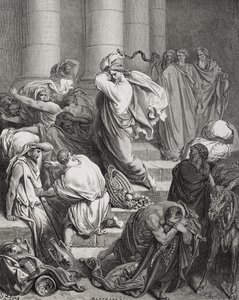 Kupci a prodávající vyhnáni z chrámu, Lukáš 19:45–46, ilustrace z Doreovy „Svaté bible“, vyryté Bertrandsem, 1866 od Gustave Dore