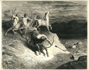 Kentauři vrhají šípy proti přehradám vystupujícím z bažin Styxu. Rytina z díla Dante Alighieriho Peklo (Božská komedie) ilustrovaná Gustavem Dorem. Francouzské vydání z roku 1861. "Noi ci appressammo a quel proud snelle. (Blížíme se k od Gustave Dore