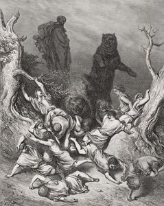 The Children Destroyed by Bears, ilustrace z Doreovy „The Holy Bible“, 1866 od Gustave Dore
