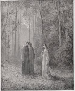 Božská komedie (La Divina Comedia, La Divine Comedie), Purgatorio, Canto 5: Dante mluví s Pia de Tolomei (Tolommei) - od Dante Alighieri (1265-1321) - ilustrace Gustave Dore (1832-1883) od Gustave Dore