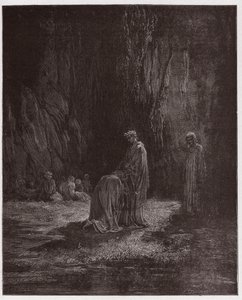 Božská komedie (La Divina Comedia, La Divine Comedie), Purgatorio, Canto 7: Básník Sordello, užaslý, klečí před Virgilem - Dante Alighieri (1265-1321) - Ilustrace Gustave Dore (1832-1883) od Gustave Dore