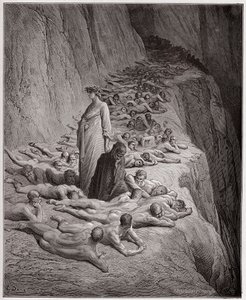 Božská komedie (Božská komedie, Božská komedie), Purgatorio, Canto 19: Duše lakomých: Adrian V mluví s Dantem - od Dante Alighieri (1265-1321) - Ilustrace Gustave Dore (1832-1883) od Gustave Dore
