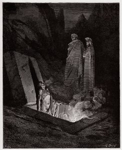 Božská komedie (La Divina Commedia, La Divine Comedie), Inferno, Canto 10: Farinata degli Uberti oslovuje Danteho - od Dante Alighieri (1265-1321) - Ilustrace Gustave Dore (1832-1883) od Gustave Dore