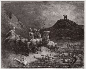 Božská komedie (La Divina Commedia, La Divine Comedie), Inferno, Canto 12: Nessus a kentauři - Dante Alighieri (1265-1321) - Ilustrace Gustave Dore (1832-1883) od Gustave Dore