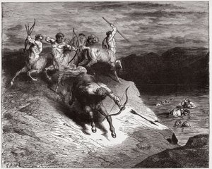 Božská komedie (La Divina Commedia, La Divine Comedie), Inferno, Canto 12: Kentauři útočí na duše ve vroucí krvi - Dante Alighieri (1265-1321) - Ilustrace Gustave Dore (1832-1883) od Gustave Dore