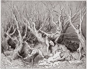 Božská komedie (La Divina Commedia, La Divine Comedie), Inferno, Canto 13: Sebevraždy prchají z lesa - Dante Alighieri (1265-1321) - Ilustrace Gustave Dore (1832-1883) od Gustave Dore