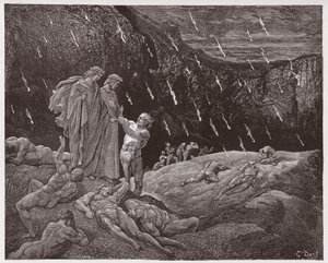 Božská komedie (La Divina Commedia, La Divine Comedie), Inferno, Canto 15: Brunetto Latini accosts Dante - od Dante Alighieri (1265-1321) - ilustrace Gustave Dore (1832-1883) od Gustave Dore