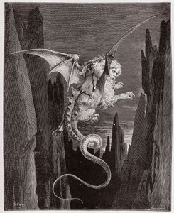 Božská komedie (La Divina Commedia, La Divine Comedie), Inferno, Canto 17: Sestup do propasti na Geryonových zádech - Dante Alighieri (1265-1321) - Ilustrace Gustave Dore (1832-1883) od Gustave Dore