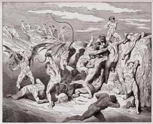 Božská komedie (La Divina Commedia, La Divine Comedie), Inferno, Canto 18: Devils and svůdci - Dante Alighieri (1265-1321) - Ilustrace Gustave Dore (1832-1883) od Gustave Dore
