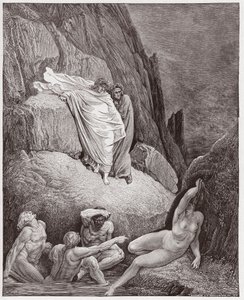 Božská komedie (La Divina Commedia, La Božská komedie), Inferno, Canto 18: Virgil ukazuje Dantemu odstín Thai - od Dante Alighieri (1265-1321) - Ilustrace Gustave Dore (1832-1883) od Gustave Dore