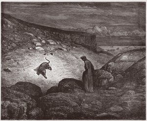 Božská komedie (La Divina Commedia, La Divine Comedie), Inferno, Canto 1: Panter na začátku výstupu - Dante Alighieri (1265-1321) - Ilustrace Gustave Dore (1832-1883) od Gustave Dore