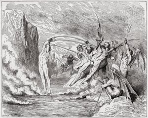Božská komedie (La Divina Commedia, La Divine Comedie), Inferno, Canto 21: Ďáblové mučí barrátory - Dante Alighieri (1265-1321) - Ilustrace Gustave Dore (1832-1883) od Gustave Dore