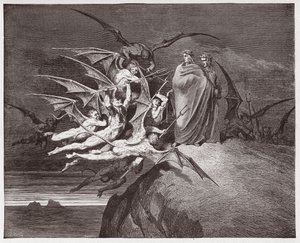 Božská komedie (La Divina Commedia, La Divine Comedie), Inferno, Canto 21: Démoni ohrožují Virgila - Dante Alighieri (1265-1321) - Ilustrace Gustave Dore (1832-1883) od Gustave Dore