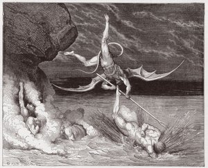 Božská komedie (La Divina Commedia, La Divine Comedie), Inferno, Canto 22: Ciampolo uniká démonu Alichino v páté Bolgii - Dante Alighieri (1265-1321) - Ilustrace Gustave Dore (1832-1883) od Gustave Dore