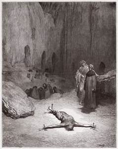 Božská komedie (La Divina Commedia, La Divine Comedie), Inferno, Canto 23: Ukřižovaný farizeus mezi pokrytci - Dante Alighieri (1265-1321) - Ilustrace Gustave Dore (1832-1883) od Gustave Dore