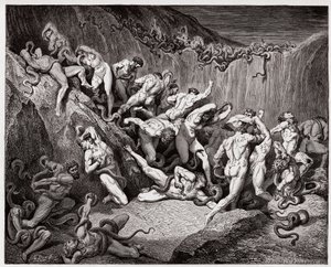 Božská komedie (La Divina Commedia, La Divine Comedie), Inferno, Canto 24: Zloději mučení hady - Dante Alighieri (1265-1321) - Ilustrace Gustave Dore (1832-1883) od Gustave Dore